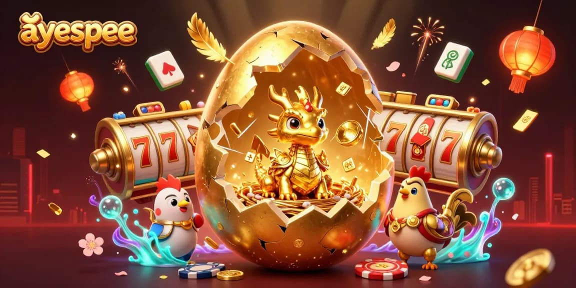 Menangkan permainan slot di ayespee dengan ilustrasi naga emas yang menakjubkan dan chip poker.