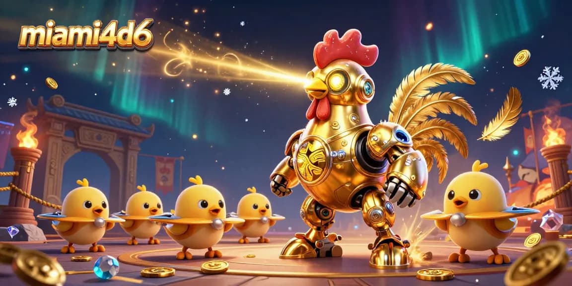 Play and win at miami4d6 with vibrant illustration of a golden rooster and chick drones in a thrilling gambling arena.
