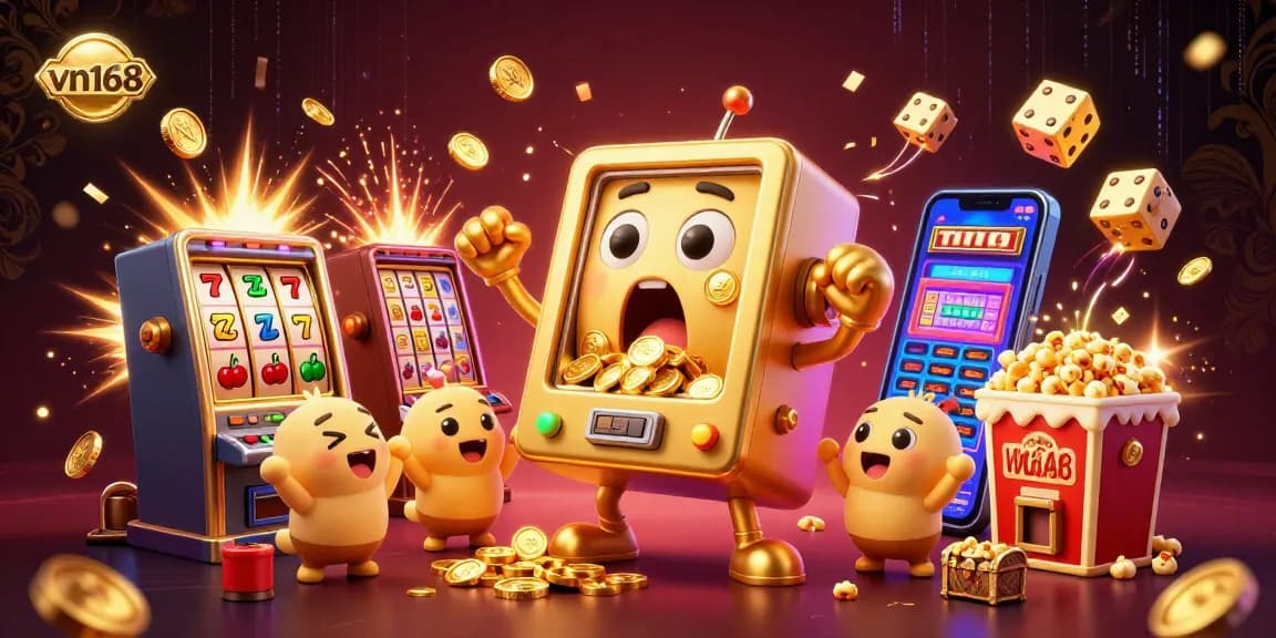 vn168 celebrates big wins with vibrant 3D digital illustration showcasing jackpot excitement among animated slot machines and casino effects.