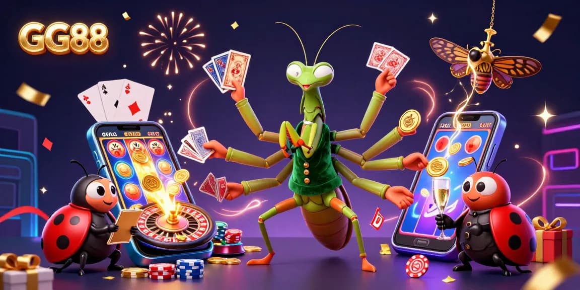 GG88 card shark showcasing thrilling gaming with vibrant slots and casino elements, captivating visual scene.