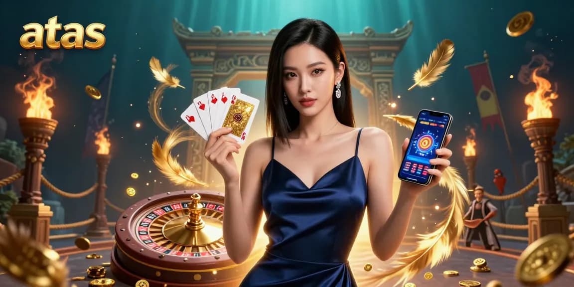 Engage with the atas casino experience featuring a confident Asian woman showcasing a casino app.