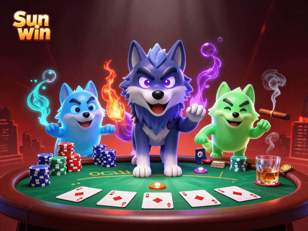 Experience thrilling poker action at Sun win with wolf-themed characters and vibrant casino elements.