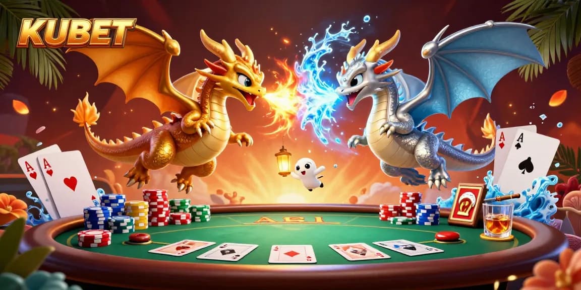 KUBET casino scene with 3D dragons and poker elements, showcasing thrilling gameplay.