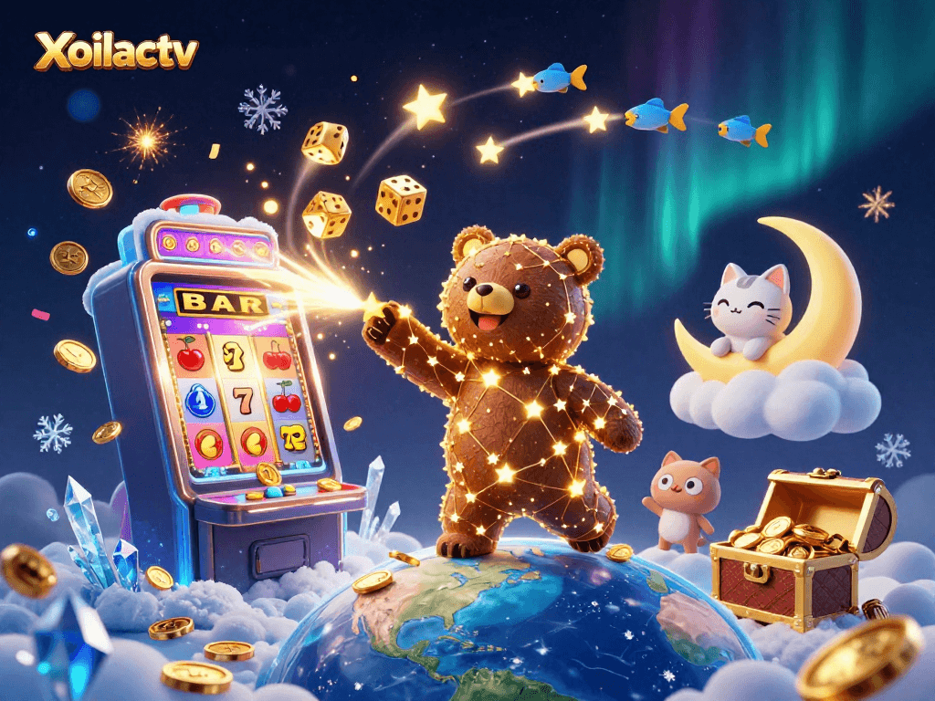 Xoilactv brings excitement with a constellation bear and vibrant casino elements in a lavish 3D scene.