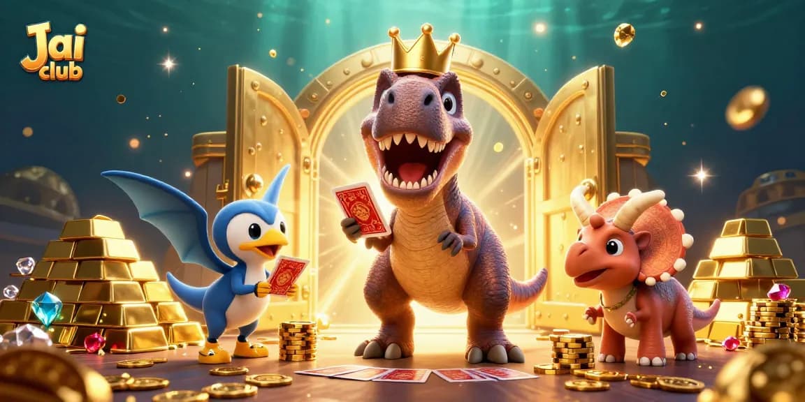 Experience the Jai club with a friendly 3D T-Rex, pterodactyl, and triceratops in a vibrant casino scene.