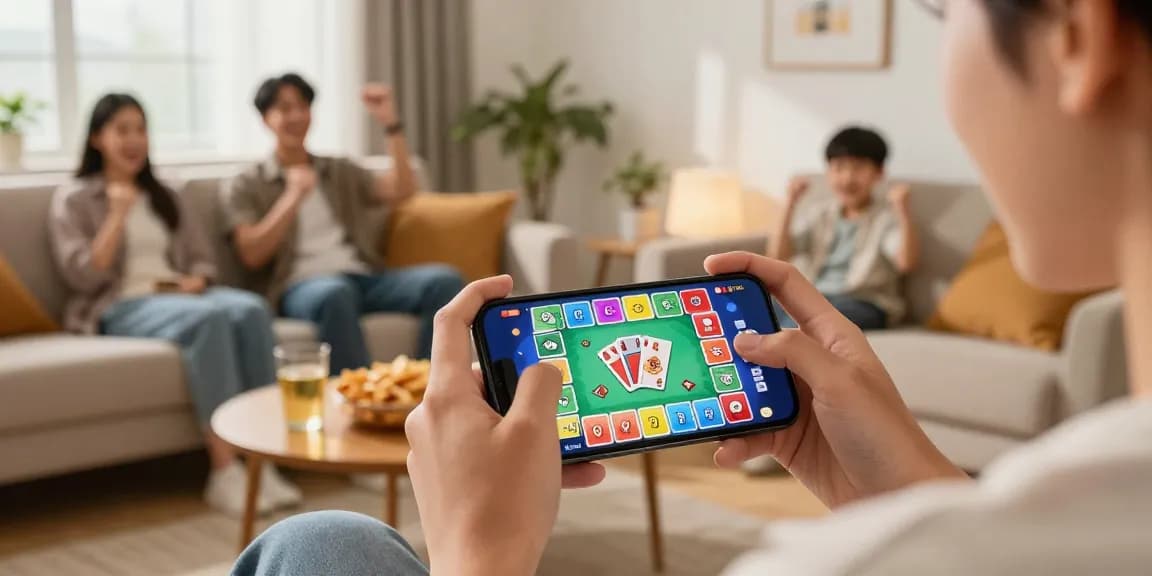 Play rummy on a cozy couch with vibrant game graphics, friends cheering.