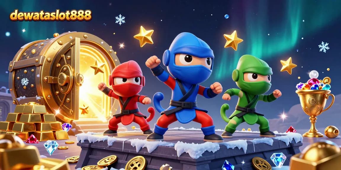 Memenangkan permainan slot gacor di dewataslot888 dengan ninja chameleon yang beraksi di latar belakang mencolok.