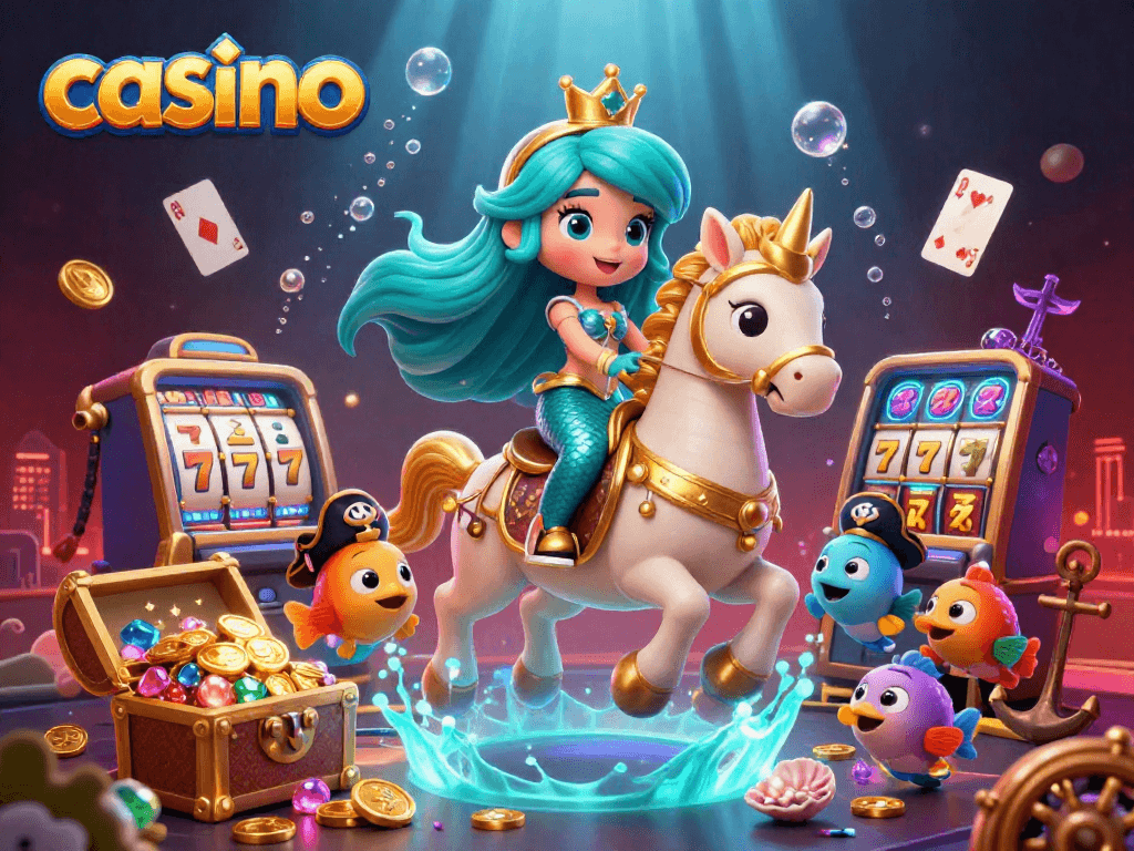 Experience a vibrant casino scene with a mermaid princess, underwater treasures, and slot machines.