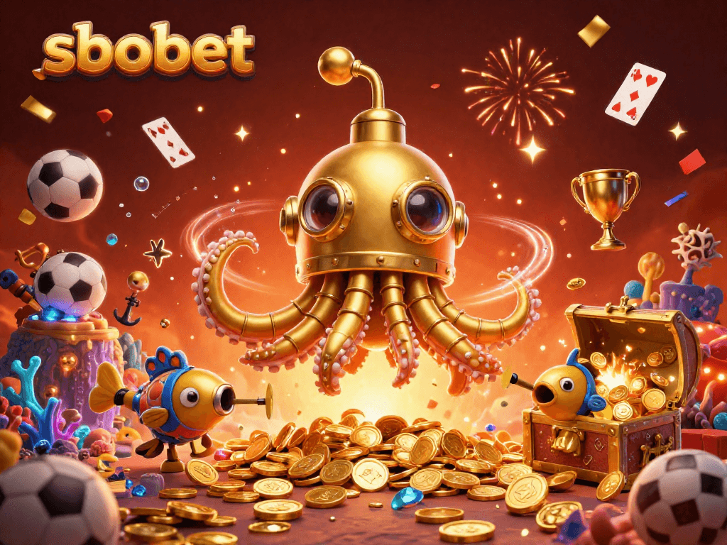 Bet on sbobet: a vibrant 3D scene with a golden kraken and dynamic betting elements.