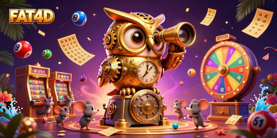 Witness the dynamic FAT4D casino scene with a golden owl, lively lottery balls, and thrilling game elements.