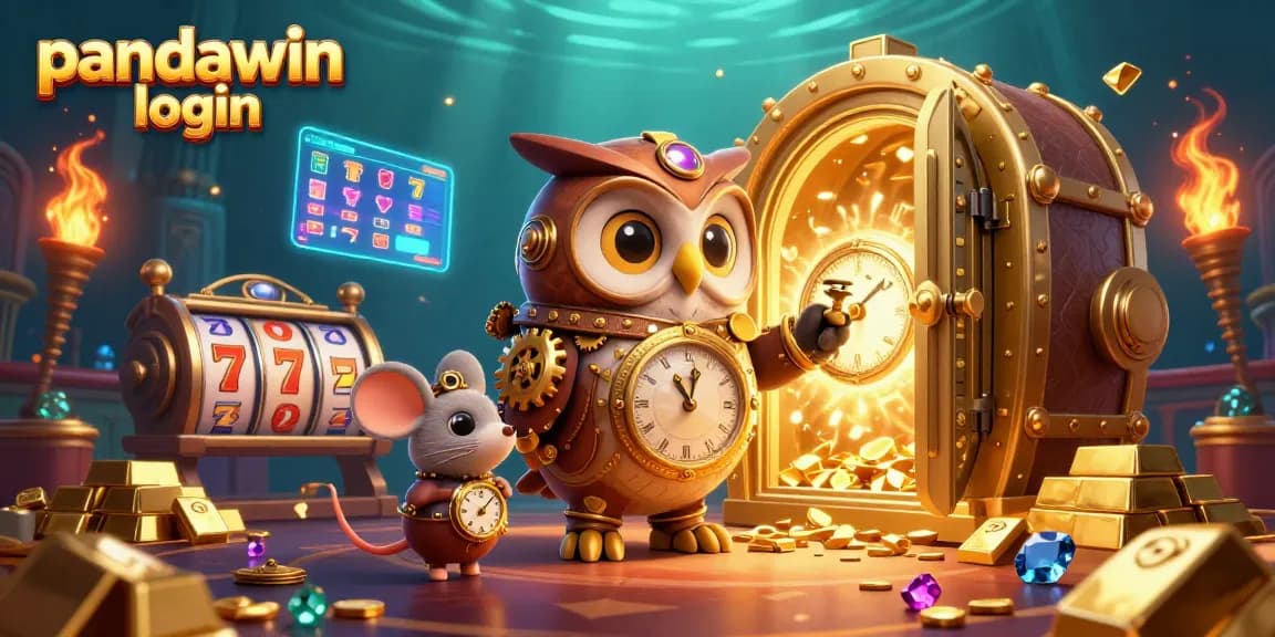 Pandawin login displays vibrant casino elements and rich treasures in a dynamic 3D illustration.