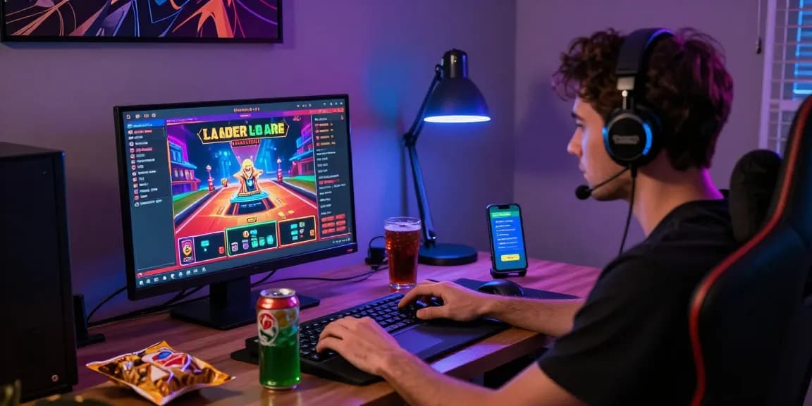 LUCK8 online gambling platform user immersed in interactive casino games with vibrant graphics and energy drinks.