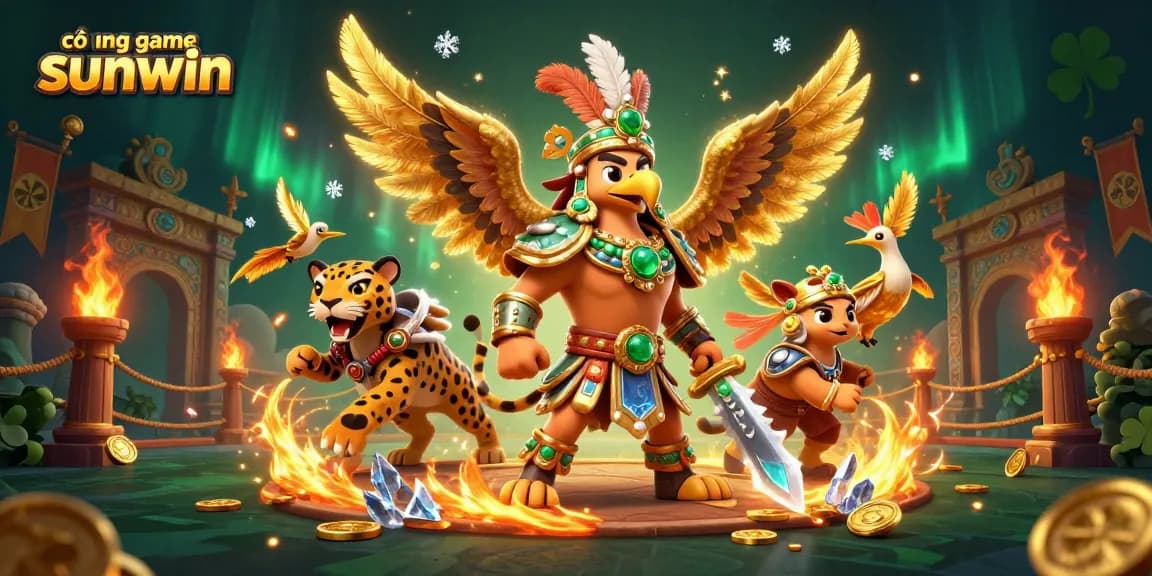 Engage with cổng game sunwin in a vibrant casino-themed scene featuring an Aztec warrior and dynamic elements.