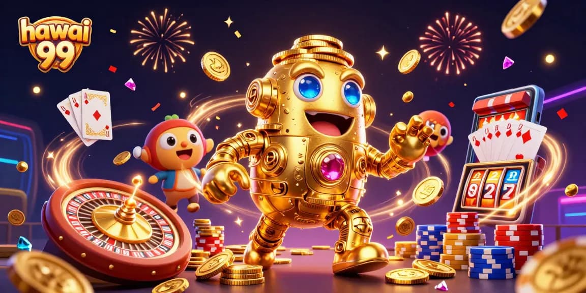 Spin the reels with hawai 99: a vibrant 3D casino scene featuring golden golem and dynamic game elements.