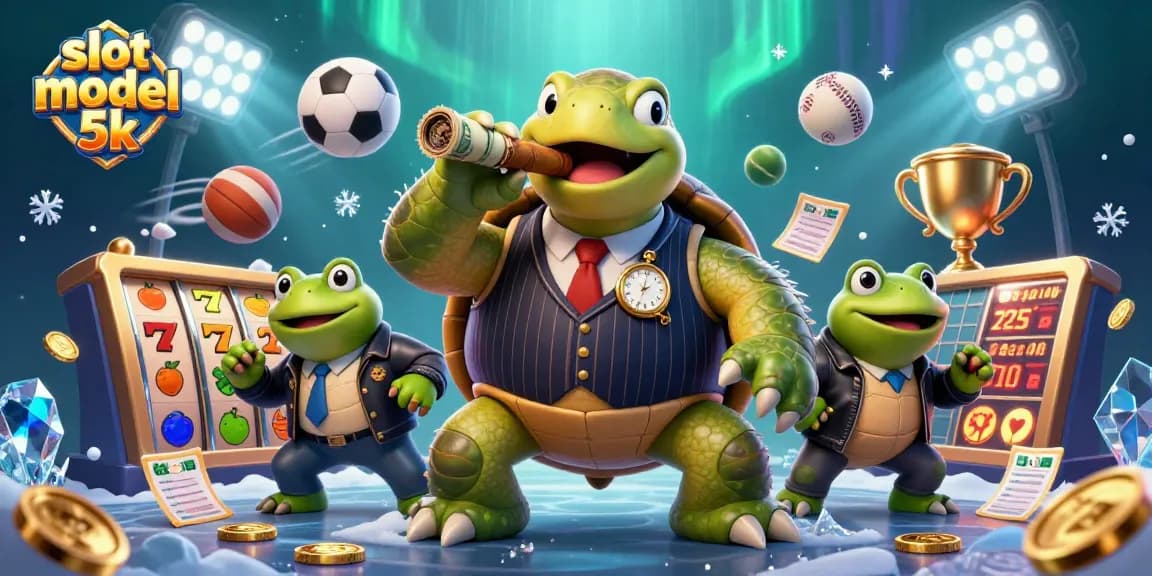 Engage with slot modal 5k featuring a cartoon turtle mobster and bullfrogs amidst dynamic casino elements.