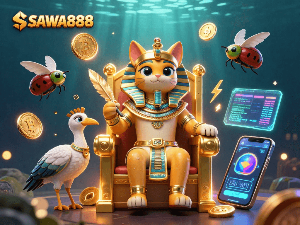 SAWA888 invites players to enjoy thrilling slots with high RTP, as energetic characters spread joy in a vibrant scene.
