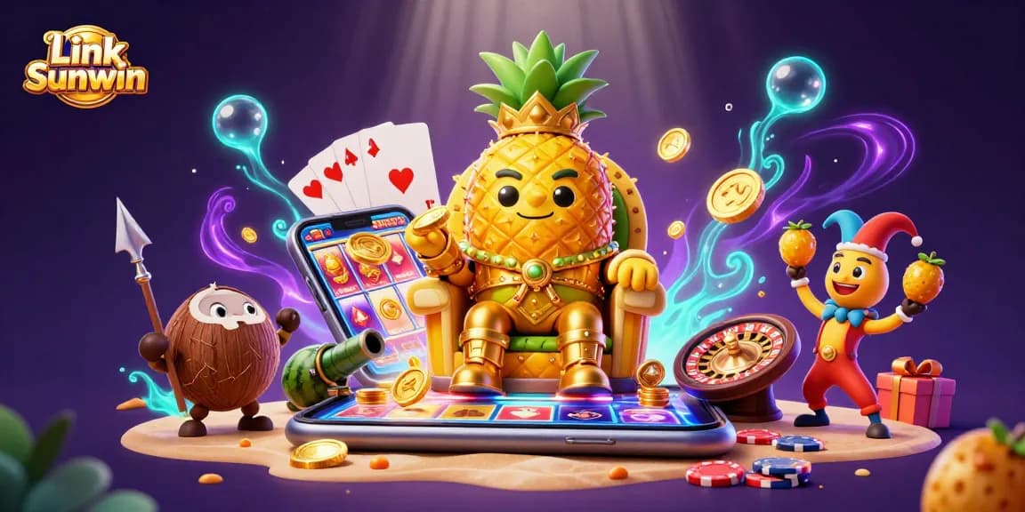 Spin and win with Link Sunwin; vibrant scene featuring a pineapple king and casino game elements.