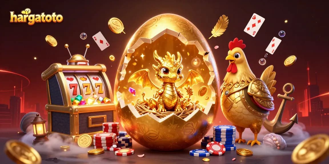 Hargatoto offers thrilling casino experiences with gold dragon and slot elements in this vibrant 3D scene.