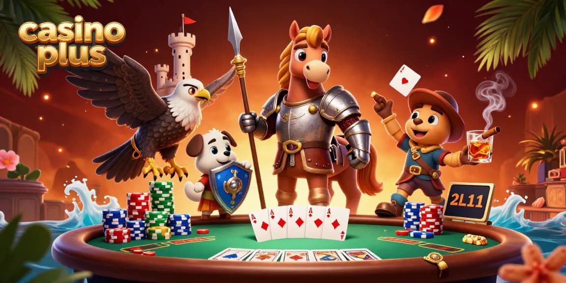 Engage in casino plus with a 3D knight, squire puppy, and falcon on a vibrant poker table.