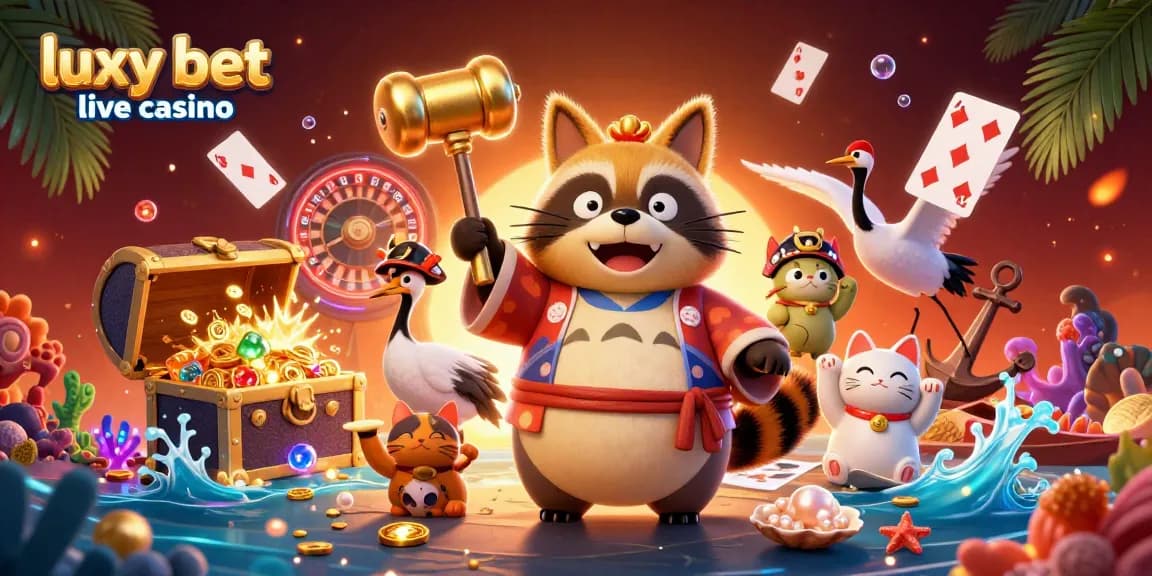Experience excitement at luxy bet live casino with a lively illustration showcasing vibrant characters and casino elements.