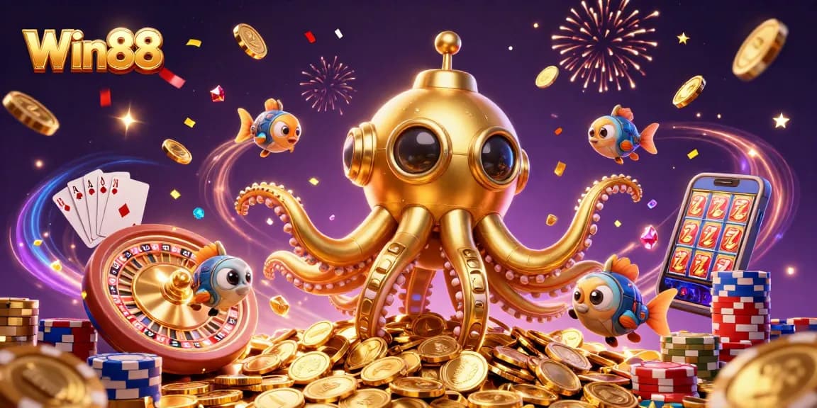 Win88 theme illustrated with a cartoon kraken submarine and golden coins exploding in action.