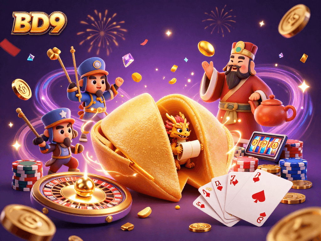 Engage in thrilling gameplay at BD9, featuring a dynamic scene of fortune cookie adventures and casino riches.