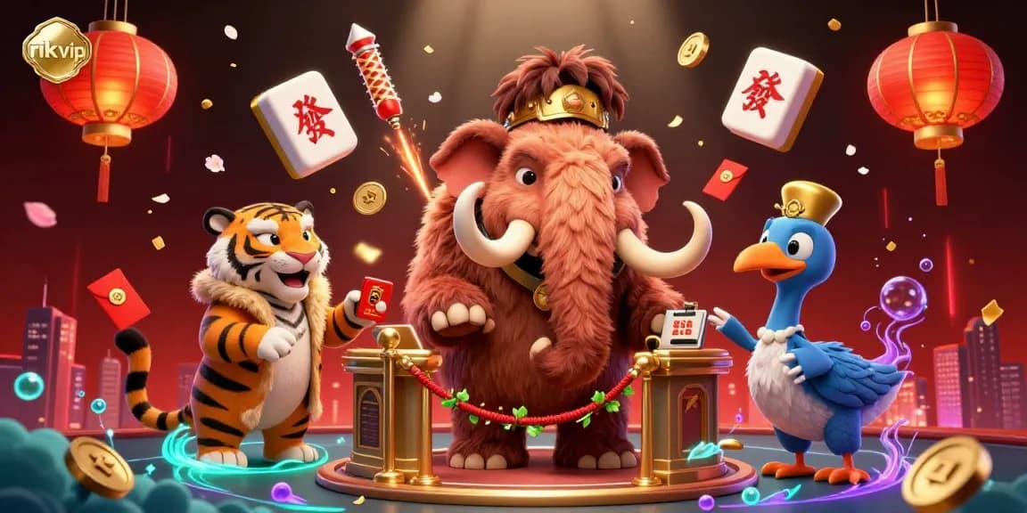 Experience jackpot excitement at rikvip with a vibrant casino scene featuring a woolly mammoth bouncer and vibrant game elements.