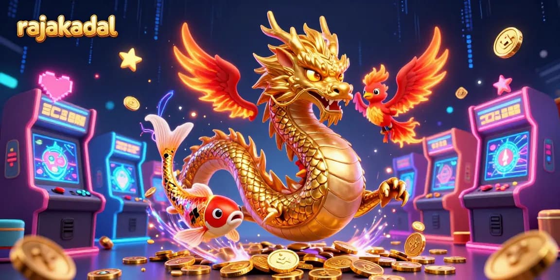 Permainan menarik di rajakadal dengan naga emas dan phoenix di tengah harta karun koin.