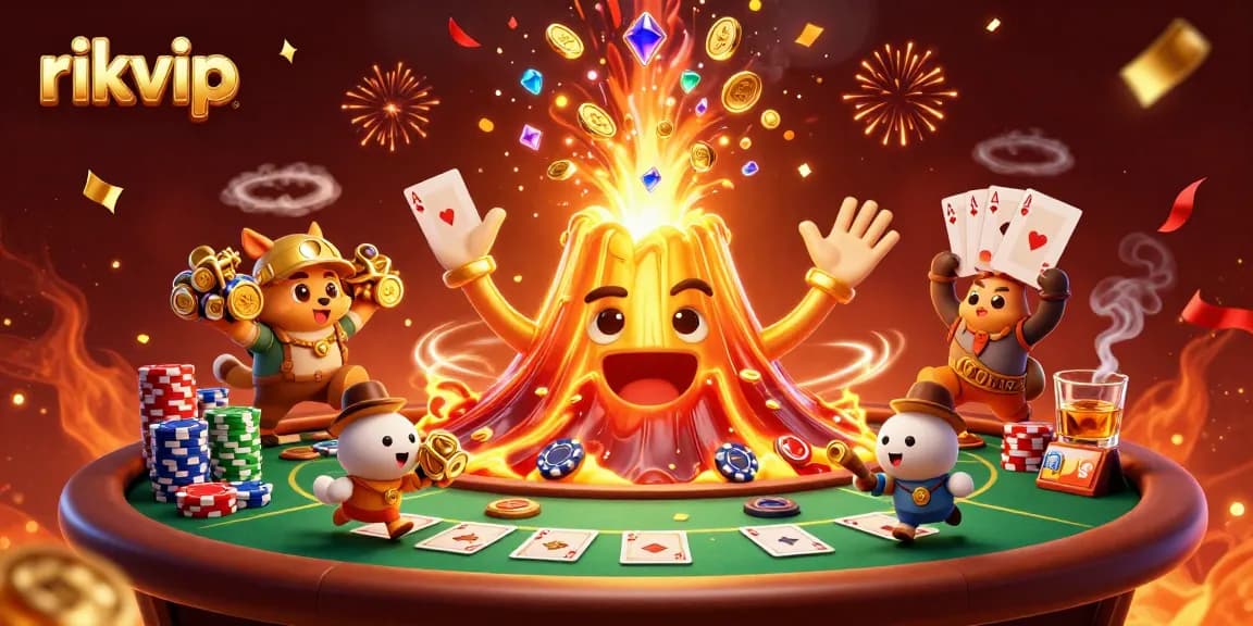 Join the excitement at rikvip, where a golden volcano erupts coins and treasures in a thrilling casino adventure.