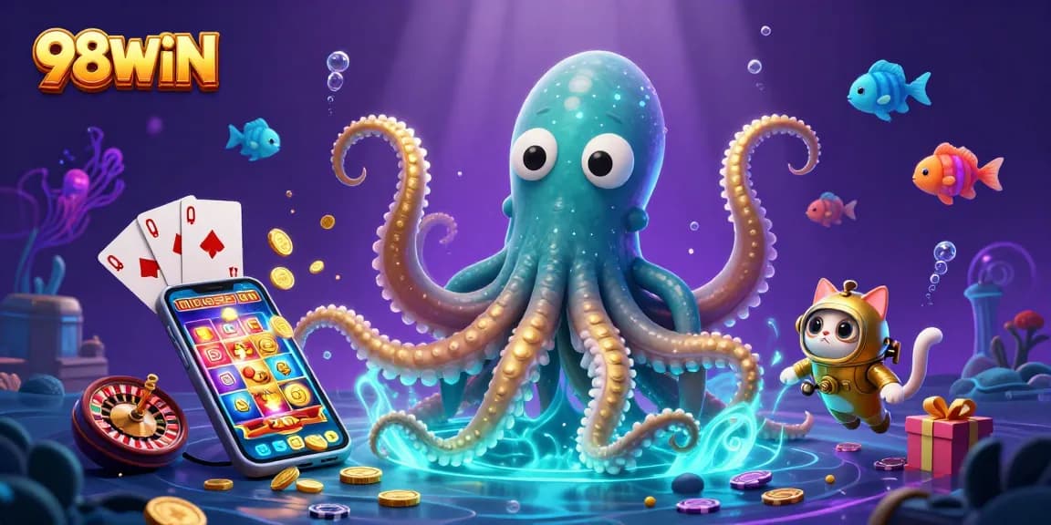 Engage with exciting 98WIN casino adventures featuring a colossal kraken and whimsical diving cat.