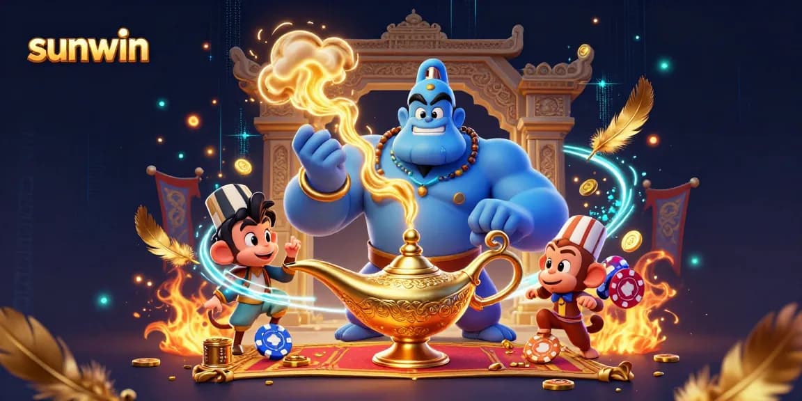 Engaging sunwin casino illustration featuring a genie, monkey, and magic carpet in a vibrant scene.