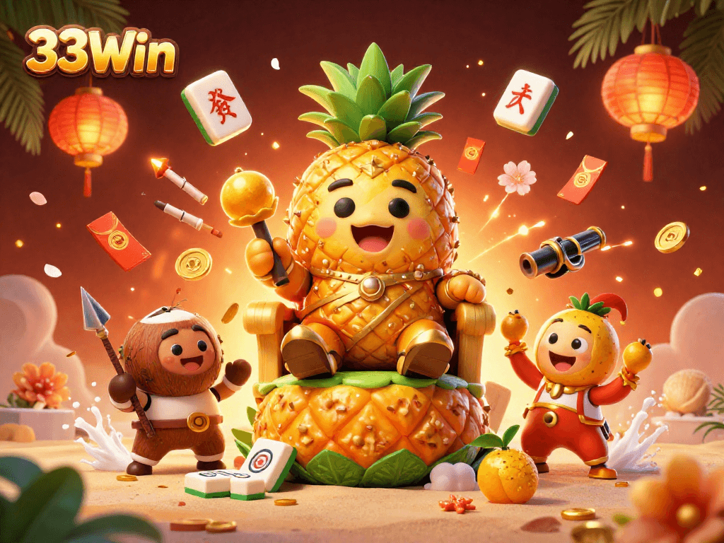 33Win offers a vibrant 3D casino experience with a golden pineapple king and lively gameplay elements.