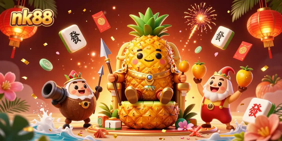 Engage with nk88's vibrant beach casino scene featuring a golden pineapple king and lively gaming elements.