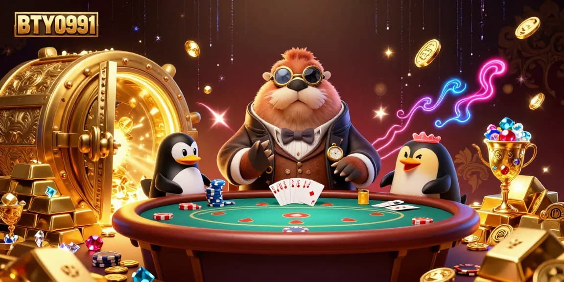 BTY0991 walrus at poker table embodies fun and strategy in a vibrant casino scene.