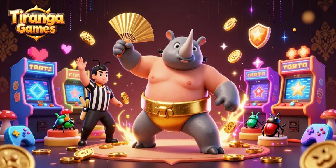 Tiranga Games showcases a lively scene of a sumo beetle champion winning coins on a vibrant gambling stage.