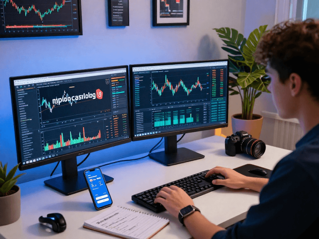Dynamic finance workspace featuring mpocash.blog analytics on dual monitors during a productive session.