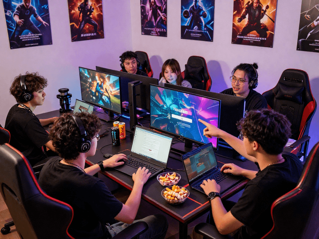 Excited gamers discussing strategies at a FairPlay login setup.