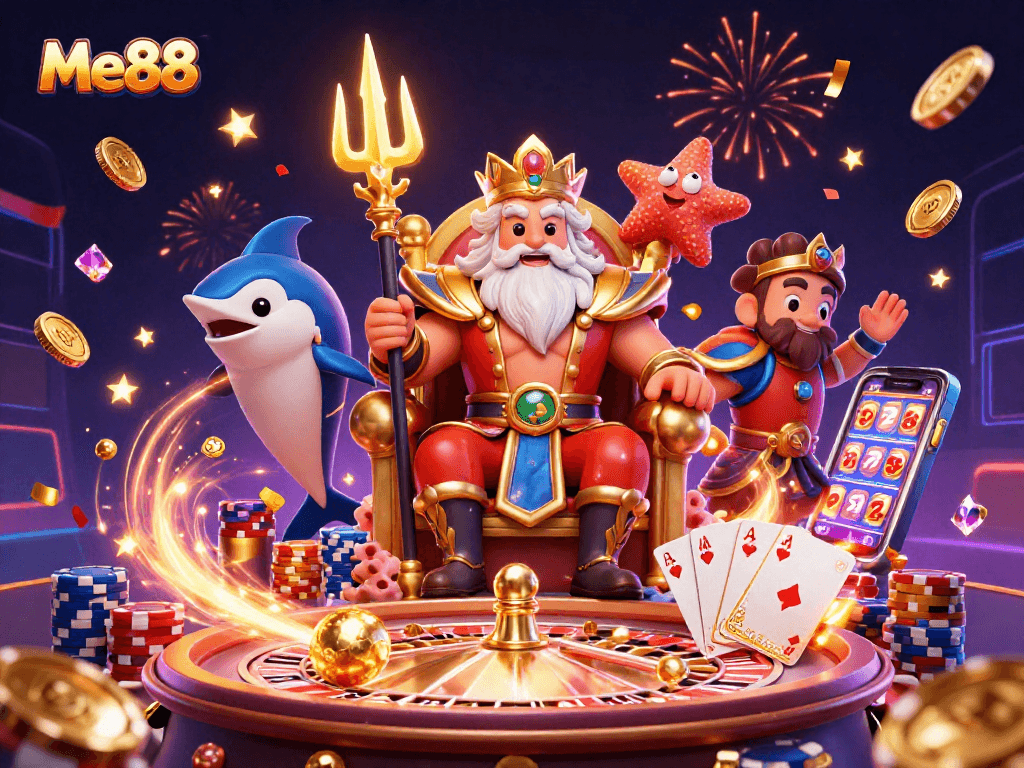 Experience Me88's thrilling games with a vibrant 3D illustration showcasing excitement and casino elements.