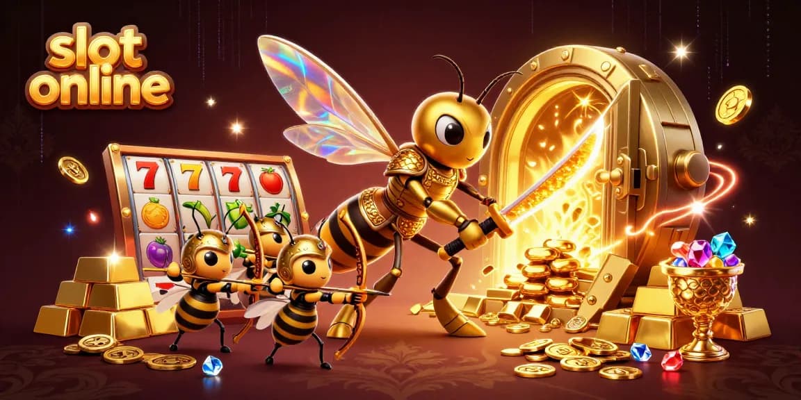 Experience winning with slot online featuring a dynamic scene of bee characters among golden riches and vibrant slot symbols.