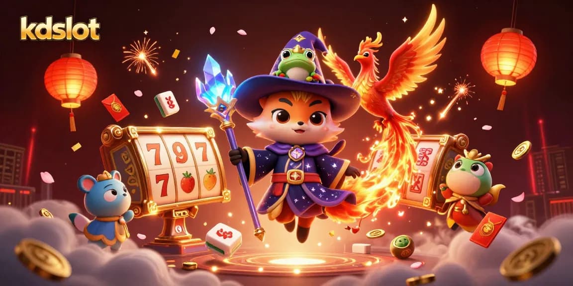 KDSlot magic illustrated with charming characters and energetic casino elements in a vivid 3D scene.