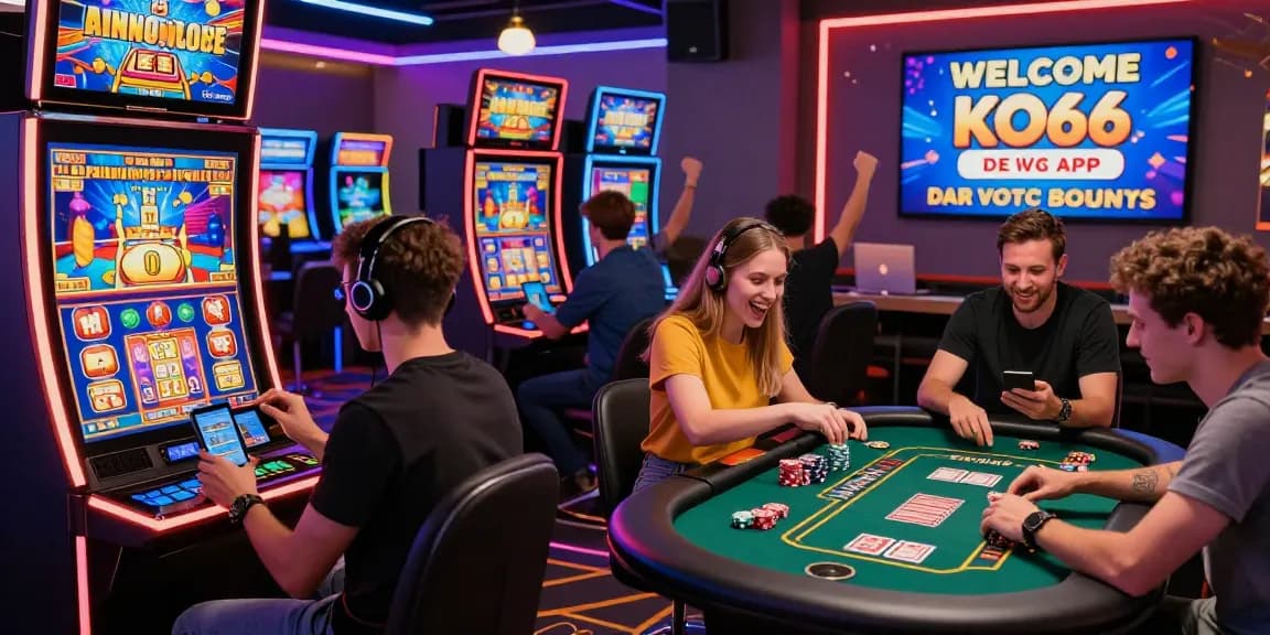 Players enjoying online games at KO66 Casino, celebrating wins and engaging with promotions in a vibrant virtual environment.