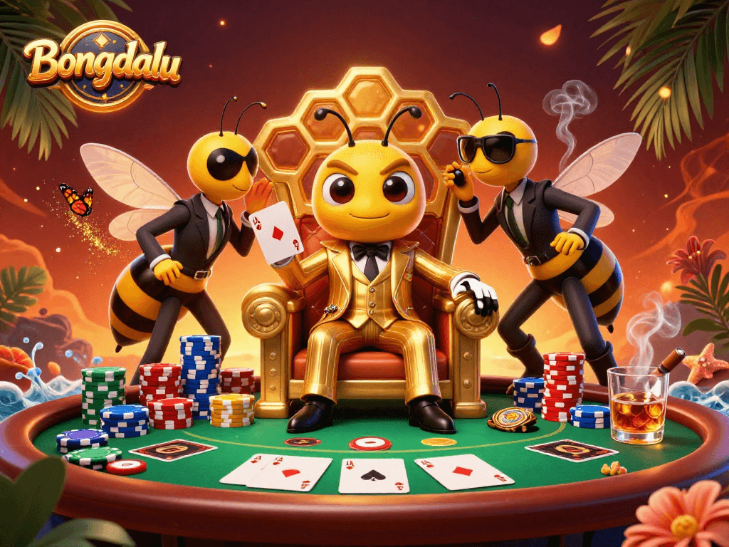 Bongdalu showcases a vibrant scene with a cartoon bumblebee mob boss at a poker table, enhancing casino strategy.