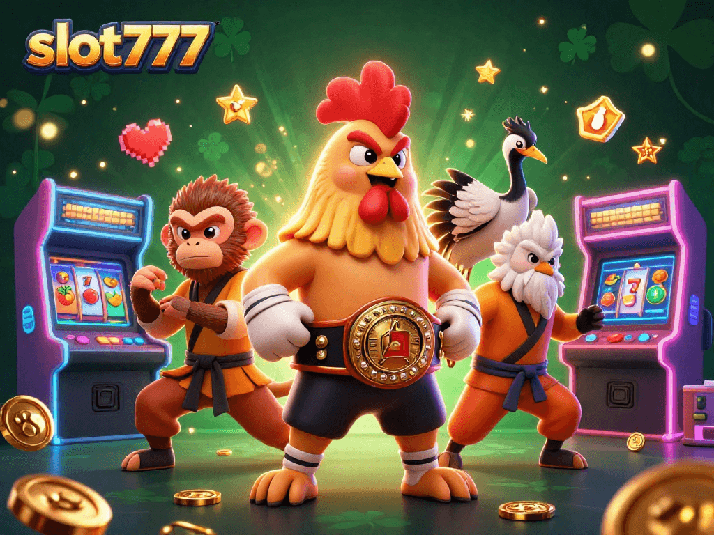 slot777 menghadirkan ilustrasi 3D kartun dengan ayam Muay Thai, monyet Shaolin, dan master crane di latar belakang glamor kasino.