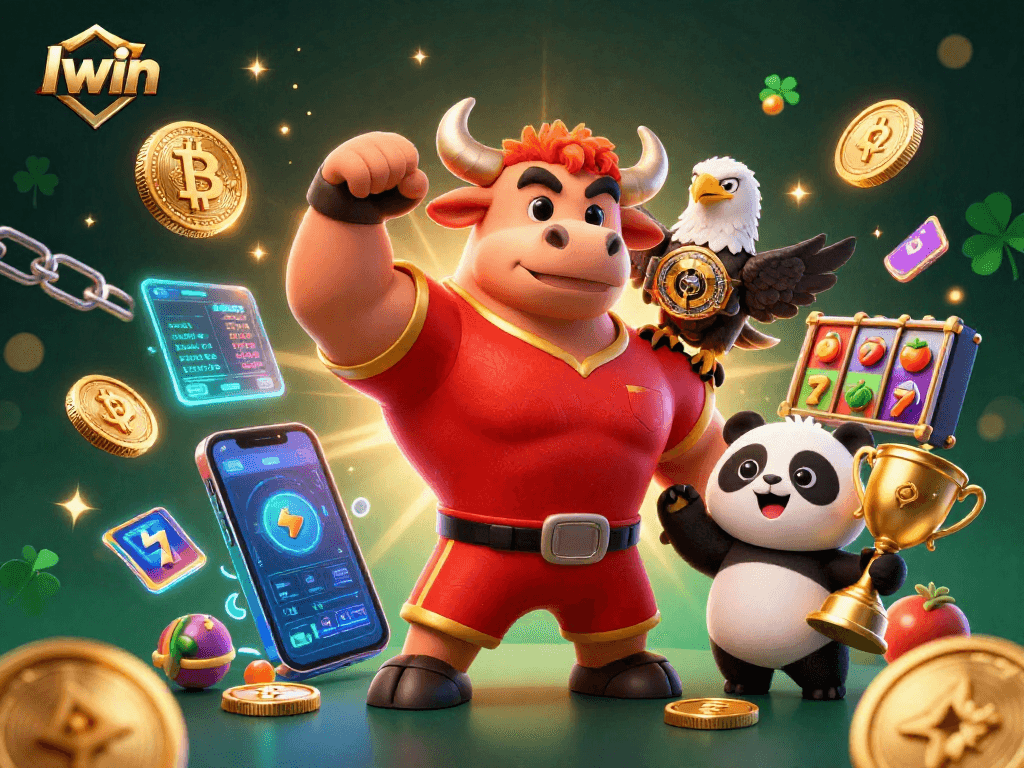 Iwin casino scene features a winning bull mascot, a champion eagle, and a happy panda amid exciting slot game elements.