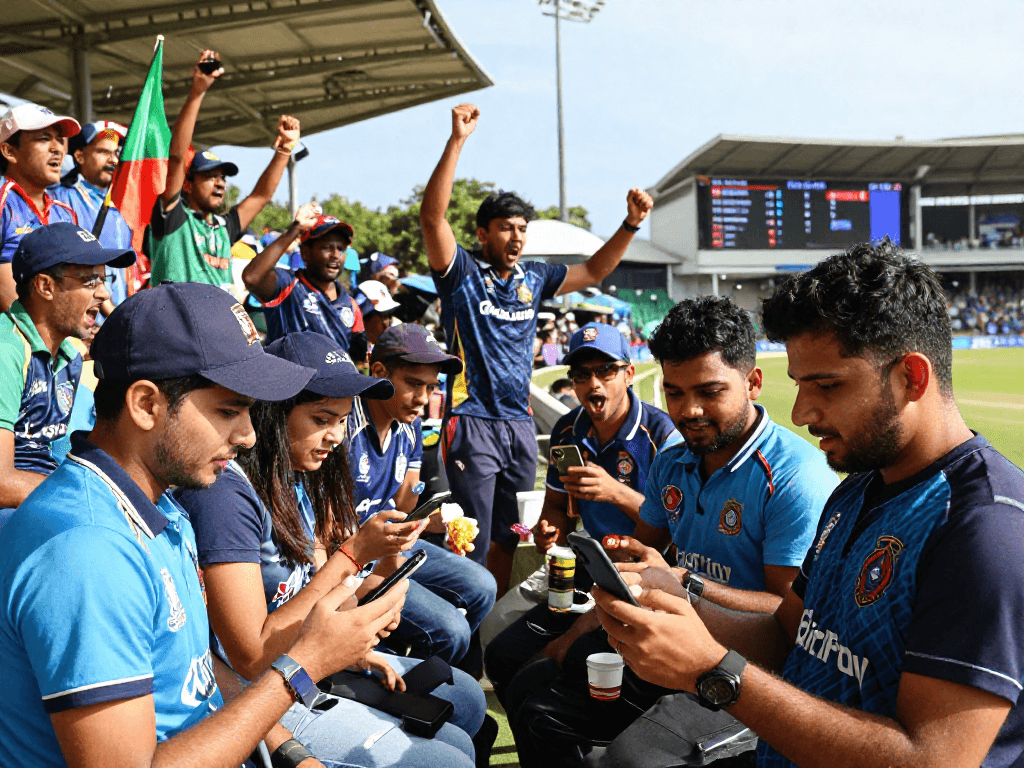 Fans celebrating during a live cricket match, highlighting the FairPlay login experience for betting.
