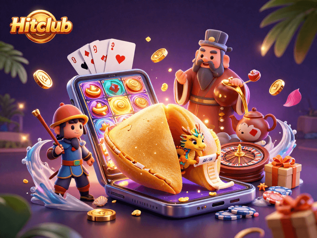 Hitclub players enjoy vibrant slot games surrounded by fortune cookie magic.
