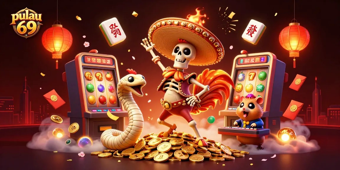 Experience pulau 69 with vivid scenes of winnings, including jackpot spinning slots and playful characters.