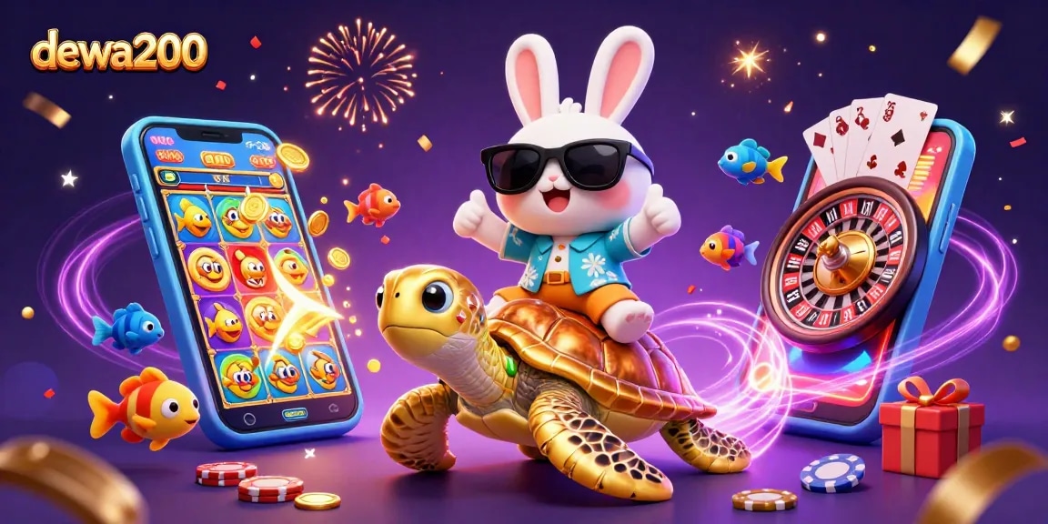 Menghadirkan keberuntungan dengan dewa200 dalam ilustrasi kasino 3D yang ceria dan berwarna-warni.