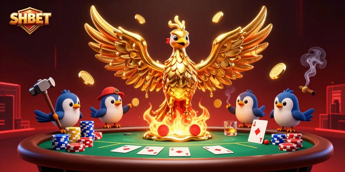 Engage in thrilling gaming at SHBET with dynamic poker action and golden phoenix imagery.