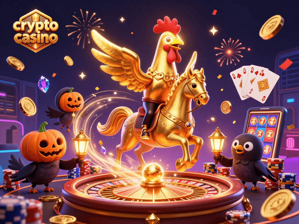 Experience the excitement of a crypto casino with vibrant golden rooster and magical elements.